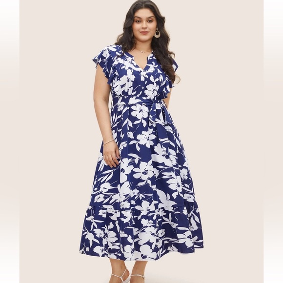 BloomChic Plus Size Silhouette Floral Print Ruffle Cap Sleeve Dress - Picture 7 of 8